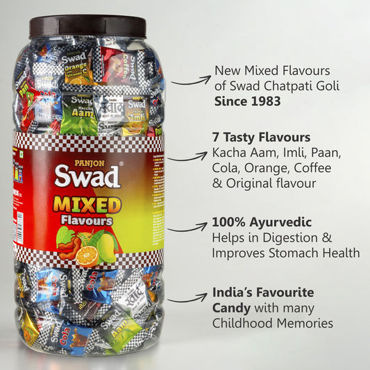 Swad Mixed Candy (Original, Kaccha Mango, Imli, Pan, Coffee, Cola, Orange) Mix Flavours, 300 Candies Jar
