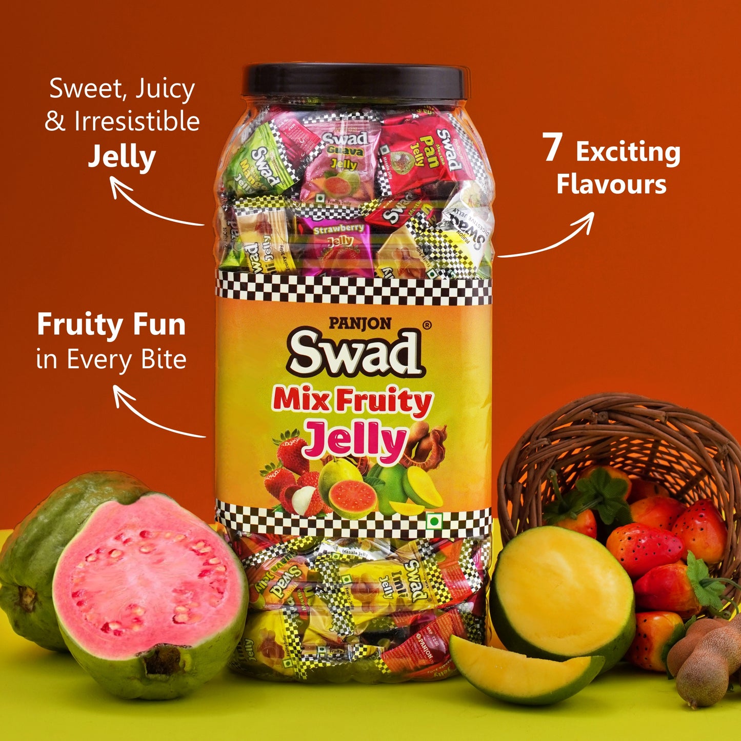 Swad Mix Fruit Jelly Candy, Soft & Chewy Assorted Sweets, 640g Jar
