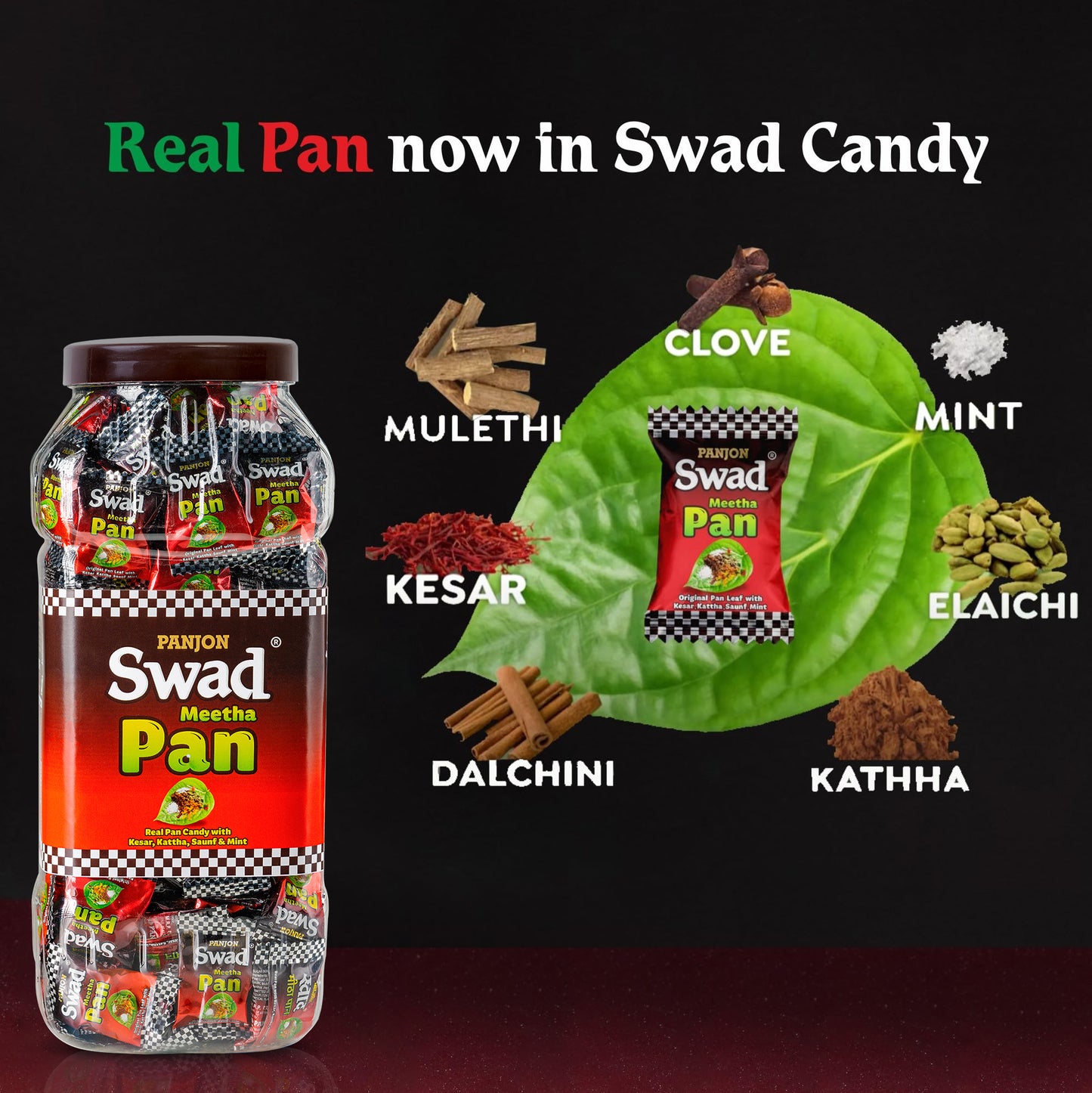 Swad Meetha Pan Candy (Real Paan flavour with Saunf, Elaichi, Kesar & Mint)200 Toffee Jar