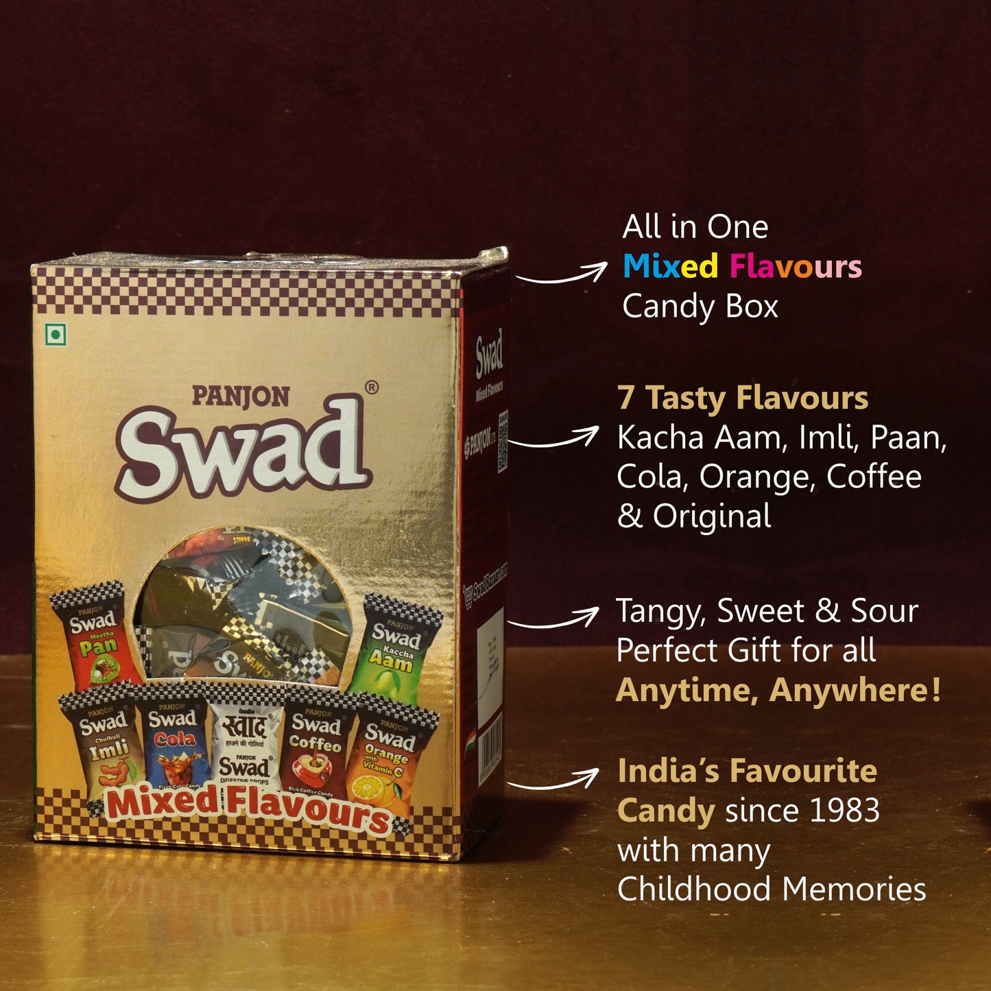 Swad Mixed Flavours Candy Chocolate Gift Box (Original, Kaccha Mango, Imli, Coffee, Cola, Pan, Orange), 125 Toffee Gift Box