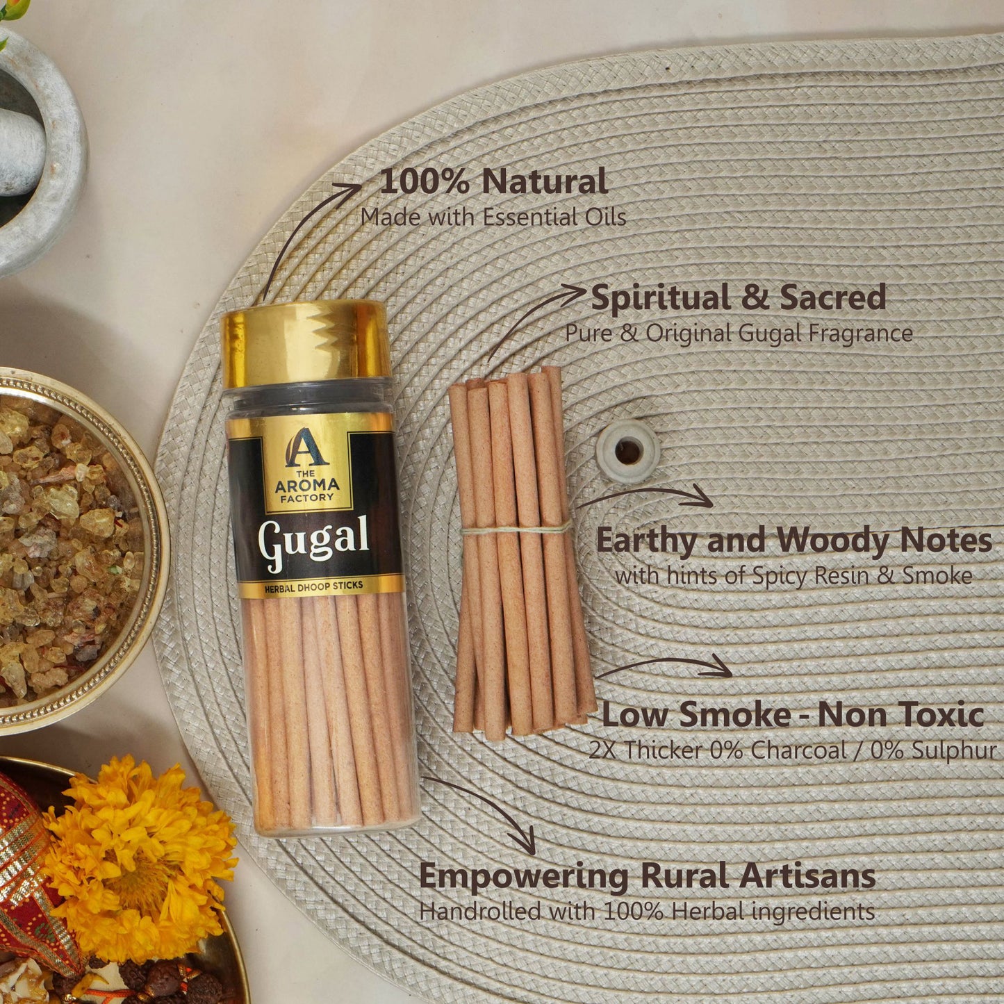 The Aroma Factory Loban, Gugal & Rose Dhoop Batti for Pooja with dhup Incense Holder Stand, Best for Long Lasting Fragrances (Bottle Pack of 3x100g)