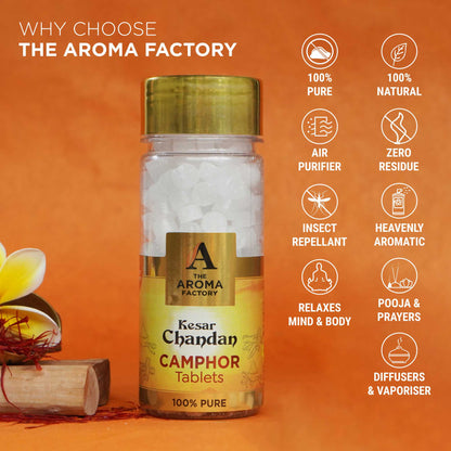 The Aroma Factory Pure Camphor Tablets, Kesar Chandan, Zero Residue Kapoor with Fragrance for Pooja, Aarti Kapur | Bottle Pack of 1 x 80gm