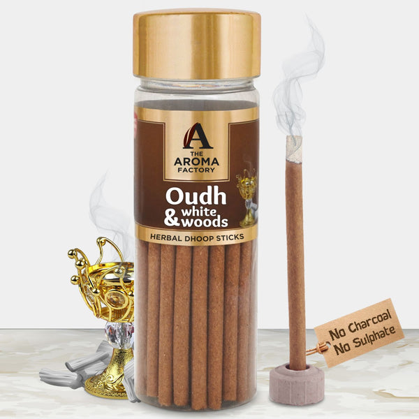 The Aroma Factory Oudh & White Woods Dhoop Stick (0% Charcoal 0% Suphates) Herbal Bambooless Incense Dhoopbatti Bottle Pack, 75g