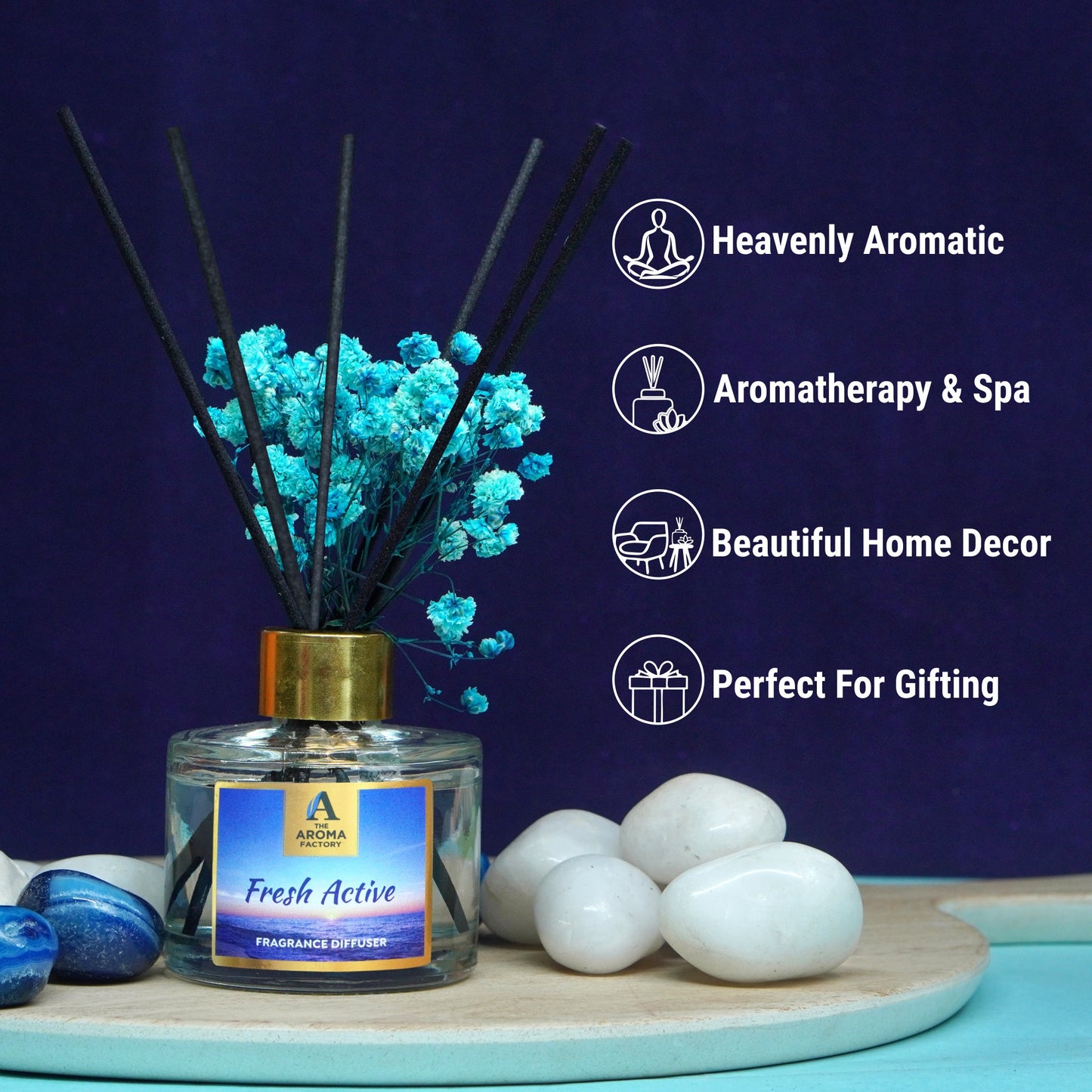 The Aroma Factory Fragrance Diffuser Set with Fibre Reed Sticks, Real Flowers, 100 ml (3.4 Oz) Aroma Oil (Fresh Active, 1 Box)