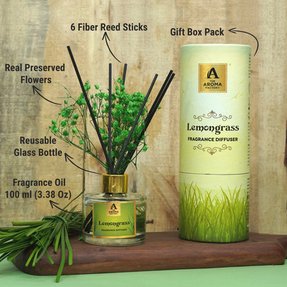 The Aroma Factory Fragrance Diffuser Set with Fibre Reed Sticks, Real Flowers, 100 ml (3.4 Oz) Aroma Oil (Lemongrass, 1 Box)