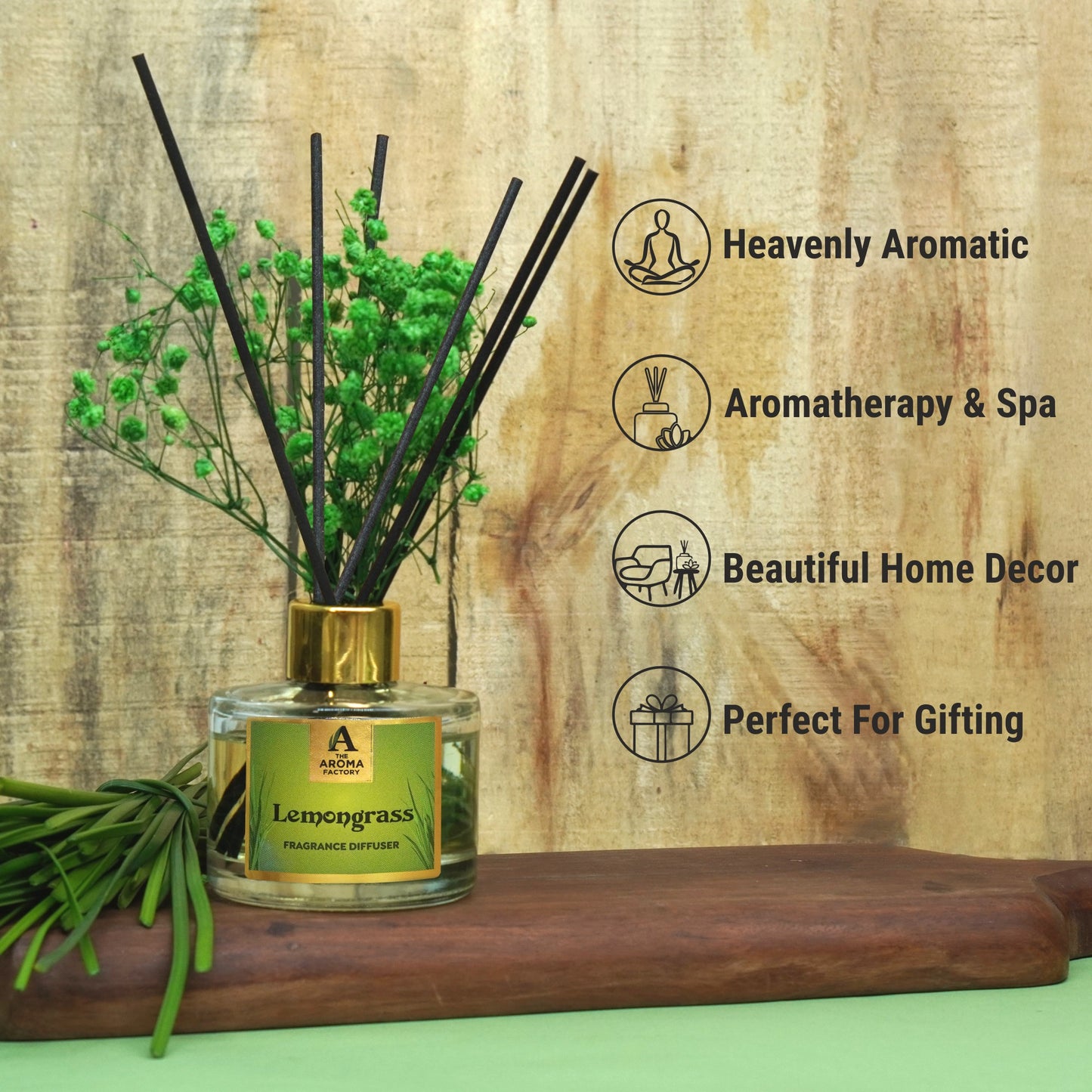 The Aroma Factory Fragrance Diffuser Set with Fibre Reed Sticks, Real Flowers, 100 ml (3.4 Oz) Aroma Oil (Lemongrass, 1 Box)
