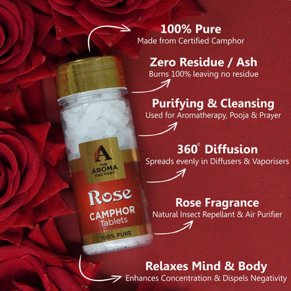 The Aroma Factory Pure Camphor Tablets, Rose, Zero Residue Kapoor with Fragrance for Pooja, Aarti Kapur | Bottle Pack of 1 x 80gm