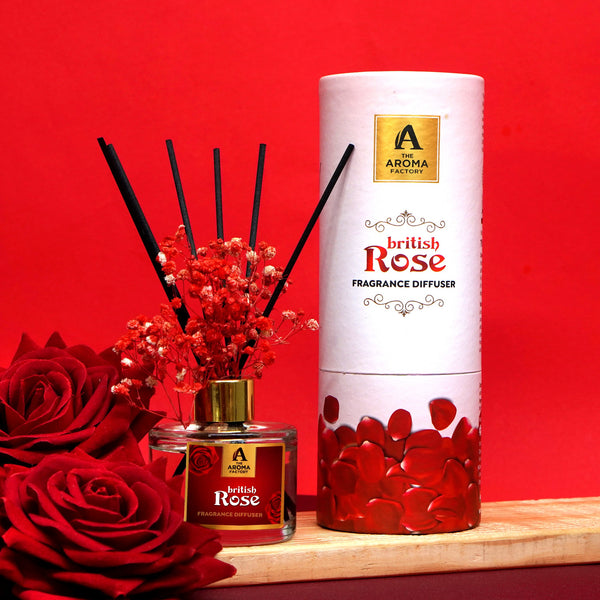 The Aroma Factory Fragrance Diffuser Set with Fibre Reed Sticks, Real Flowers, 100 ml (3.4 Oz) Aroma Oil (Rose, 1 Box)