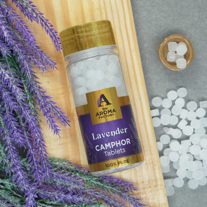 The Aroma Factory Pure Camphor Tablets, Lavender, Zero Residue Kapoor with Fragrance for Pooja, Aarti Kapur | Bottle Pack of 1 x 80gm