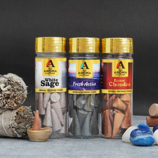 The Aroma Factory Organic Incense Dhoop Cones (White Sage, Fresh Active & Saffron Sandal) Zero Charcoal | No Bamboo | 100% Herbal Fragrance | Hand Made | Assorted, 3 x 90g