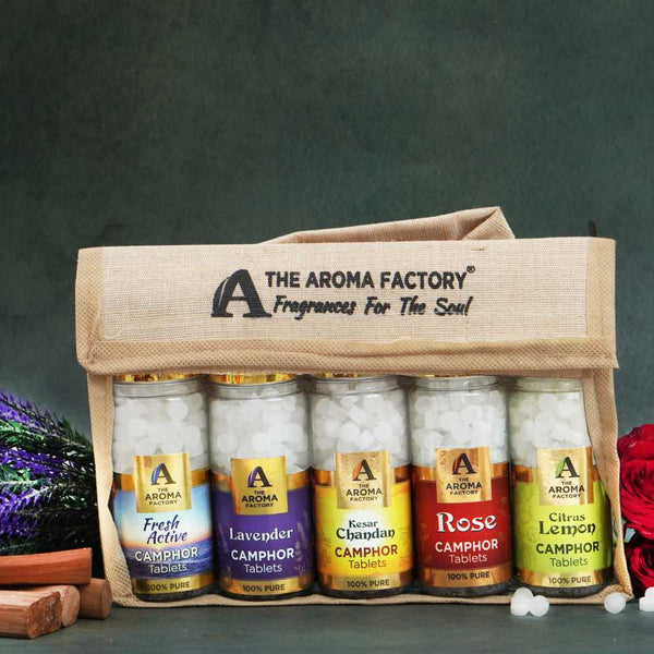 The Aroma Factory 100% Pure Camphor Tablets Fresh Active,Lavender,Kesar Chandan,Rose & Citrus Lemon Fragrances Pack of 5 Bottle