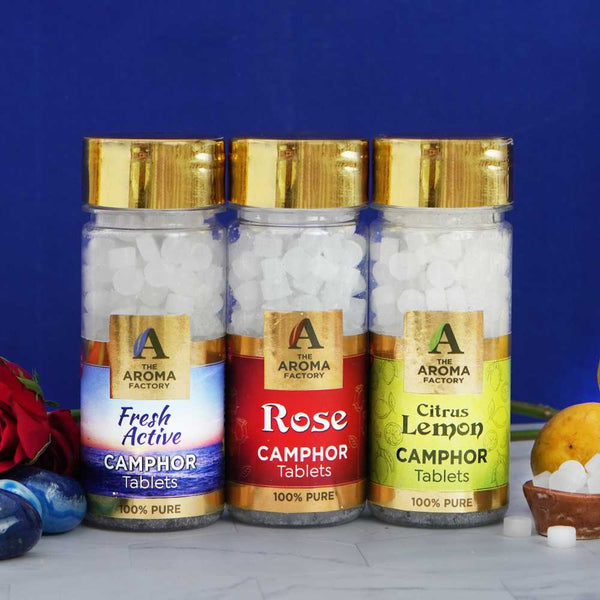 The Aroma Factory 100% Pure Camphor Tablets Fresh Active, Rose & Citrus Lemon Fragrances Pack of 3 Bottle