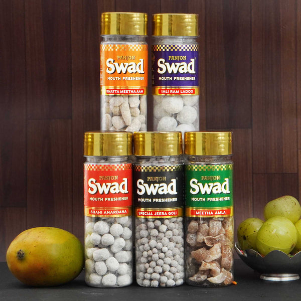 Panjon Swad Digestive Mouth Freshener | anardana, jeera goli, meetha amla, khatta meetha aam & imli ram ladoo|Tasty Mouthfresheners | Pack of 5 with Jute Bag