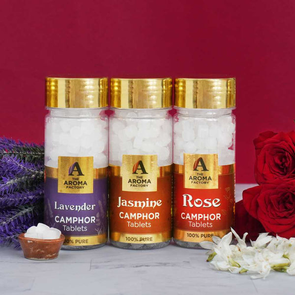 The Aroma Factory 100% Pure Camphor Tablets Lavender,Jasmine & Rose Fragrances Pack of 3 Bottle