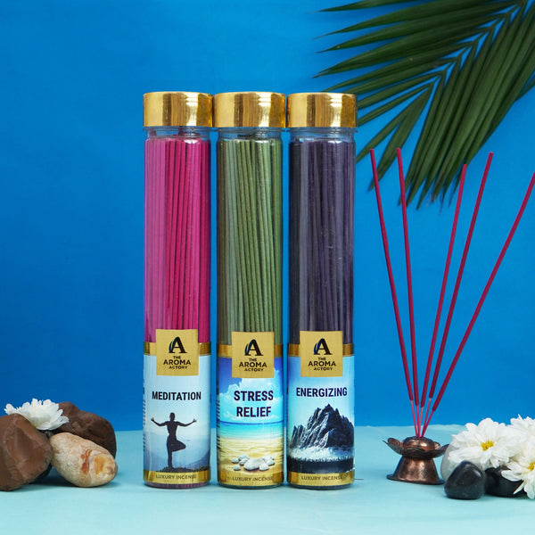 The Aroma Factory Organic Incense Sticks (Herbal Agarbatti for Smudging, Cleansing) 0% Charcoal, 0% Sulphur, 3 x 100g Bottle (Meditation, Stress Relief & Energizing)