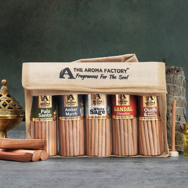 The Aroma Factory Dhoop Batti Set (Palo Santo, Amber & Myrrh, White Sage, Chandan, Oudh & White Woods) Herbal Dhup Sticks in Jute Bag, 5 Bottles x 100g