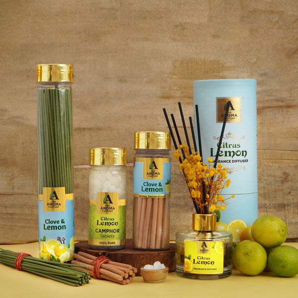 The Aroma Factory Lemon Zest, Complete Fragrance Collection of Agarbatti, Dhoop Batti, & Reed Diffuser, Combo of 4