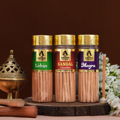 The Aroma Factory Organic Loban,Chandan Sandal & Mogra Dhoop Batti Sticks for Pooja with dhup Incense Holder Stand,Best for Long Lasting Fragrances (Pack of 3x100g)