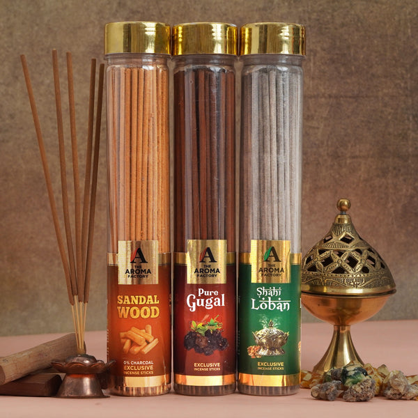 The Aroma Factory Loban,Gugal & Chandan Sandalwood Agarbatti for Pooja,Luxury Incense Sticks,100% Herbal Fragrance Agarbathi (Bottle Pack of 3x100g)