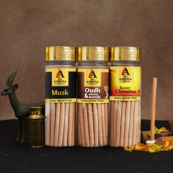 The Aroma Factory Dhoop batti, No Bamboo Herbal Dhoop Sticks with Incense Holder, 3 Bottle x 100 g (Kasturi Musk, Oudh & White Woods & Kesar Chandan)