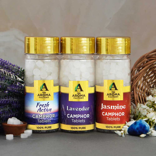 The Aroma Factory 100% Pure Camphor Tablets Fresh Acctive,Lavender & Jasmine  Fragrances Pack of 3 Bottle