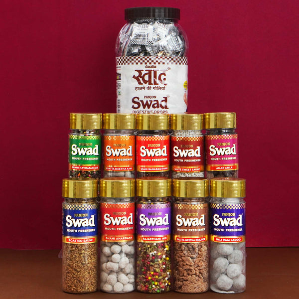 Swad Combo (Navratan Mix,Aam Papad,Banarasi Paan,White Saunf Anar Amla,Roasted Saunf,Anardana,Rajasthani Mix,Khatta Meetha Khajoor Imli Ram Ladoo,Digestive 200 Candies Jar) 11 Units