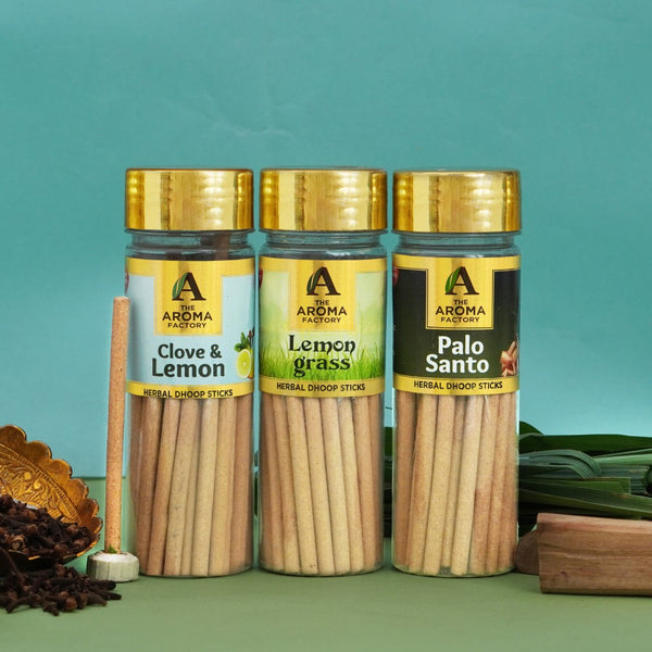 The Aroma Factory Dhoop batti, No Bamboo Herbal Dhoop Sticks with Incense Holder, 3 Bottle x 100g (Clove & Lemon, Lemongrass & Palo Santo)