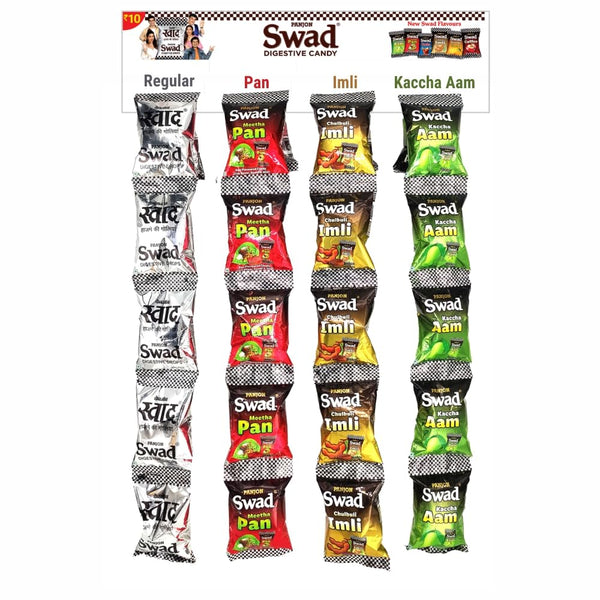 Swad Digestive Candy Dangler Pack, Assorted Flavors (Original, Kaccha Aam, Imli, Meetha Pan) Masala Toffees (60 Packets x 15 gm) 900 gm