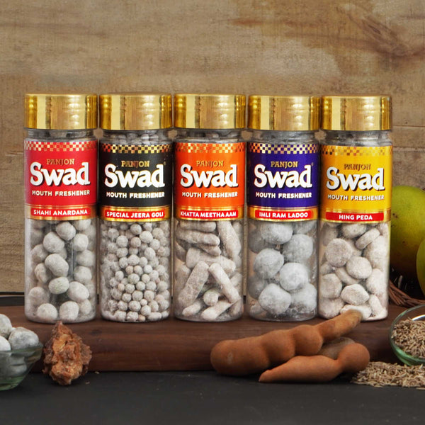 Swad Mouth Fresheners (Anardana Goli, Jeera Goli, Khatta Meetha Aam, Imli Pop Ram Ladoo, Hing Peda Mukhwas) 5 Bottles, 765g