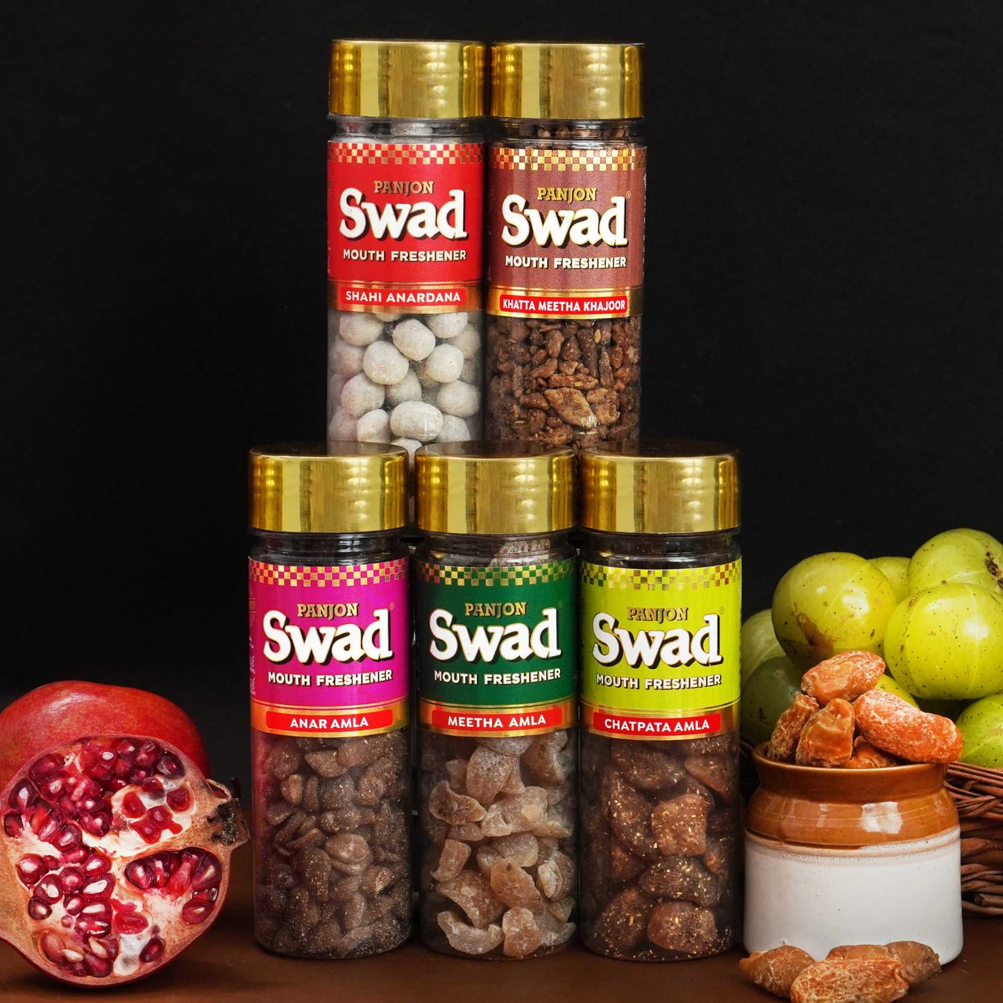 Panjon Swad Mukhwas Anar Amla, Meetha Amla,Chatpata Amla ,Anardana goli, Khatta Meetha Khajoor Mukhwas 5 Bottles, 730g