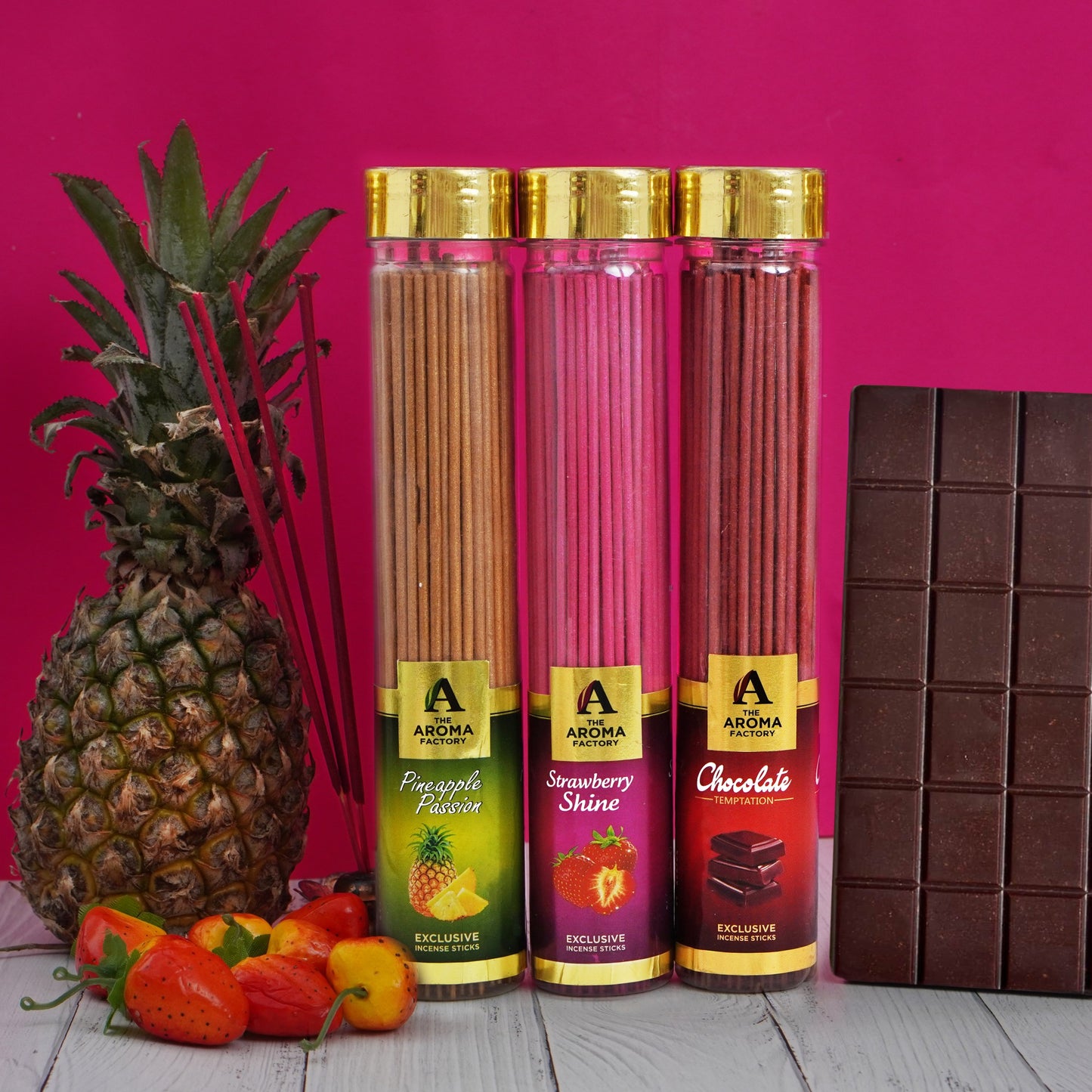 The Aroma Factory Pineapple Passion,Strawberry,Chocolate Agarbatti for Pooja,Luxury Incense,100% Herbal Fragrance Agarbathi(Bottle Pack of 3x100g)