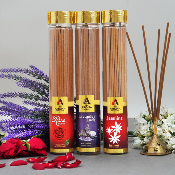 The Aroma Factory Organic Rose,Lavender & Jasmine Agarbatti for Pooja, No Charcoal Incense Sticks,100% Herbal Fragrance Agarbathi, (Bottle Pack of 3x100g)