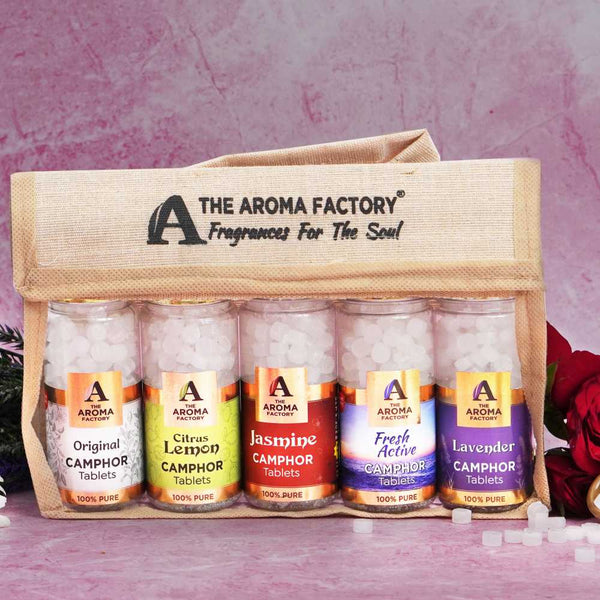 The Aroma Factory 100% Pure Camphor Tablets Original, Citrus Lemon,Jasmine, Fresh Active & Lavender Fragrances Packof 5 Bottle