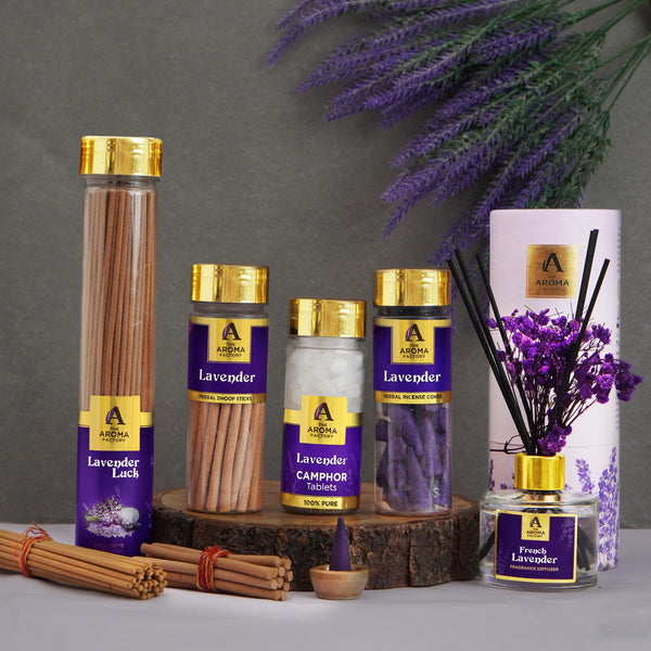 The Aroma Factory Lavender Serenity Set, Complete Aroma Collection of Agarbatti, Dhoop Batti, Dhoop Cone, Camphor Tablet & Reed Diffuser, Combo of 5