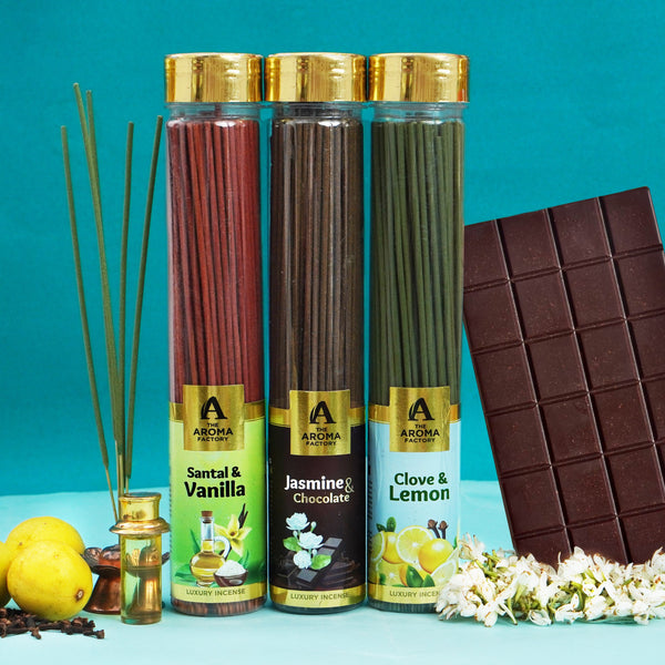 The Aroma Factory Organic Incense Sticks (Herbal Agarbatti for Smudging, Cleansing) 0% Charcoal, 0% Sulphur, 3 x 100g Bottle (Santal & Vanilla, Jasmine & Chocolate & Clove & Lemon)