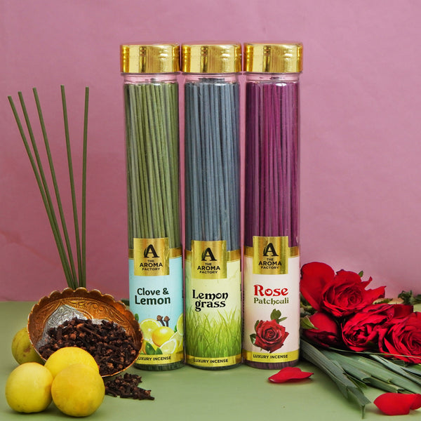 The Aroma Factory Organic Incense Sticks (Herbal Agarbatti for Smudging, Cleansing) 0% Charcoal, 0% Sulphur, 3 x 100g Bottle (Clove & Lemon, Lemongrass & Rose Patchouli)