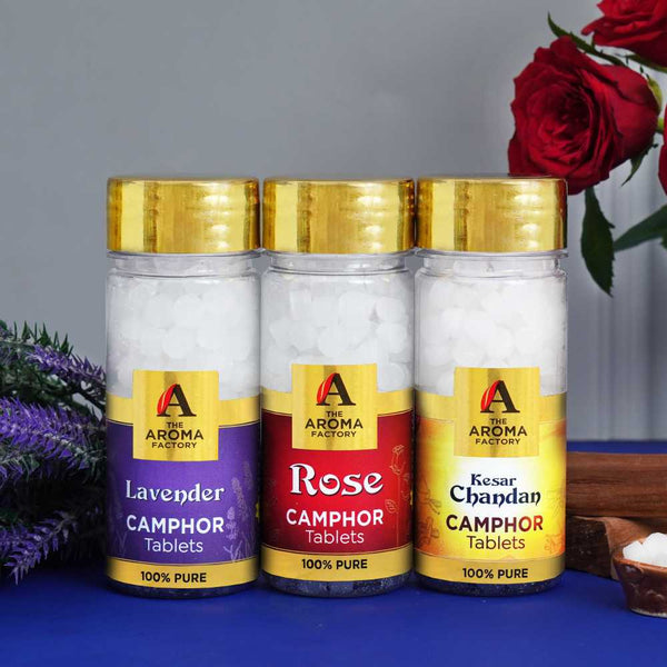 The Aroma Factory 100% Pure Camphor Tablets Lavender,Rose & Kesar Chandan Fragrances Pack of 3 Bottle