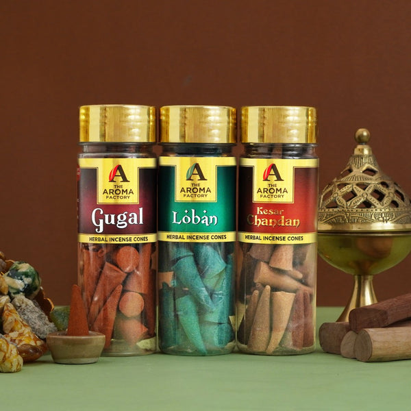 The Aroma Factory Organic Incense Cones (Gugal, Loban & Saffron Sandal) Zero Charcoal | No Bamboo | 100% Herbal Fragrance | Assorted Dhoop, 3 x 90g with Holder