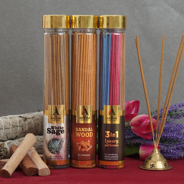 The Aroma Factory White Sage, Sandalwood & 3in1 Agarbatti for Pooja,Luxury Incense Sticks,100% Herbal Fragrance Agarbathi (Bottle Pack of 3x100g)