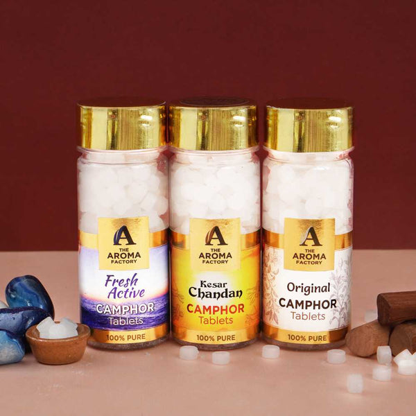 The Aroma Factory 100% Pure Camphor Tablets Fresh Active,Kesar Chandan & Original Fragrances Pack of 3 Bottle