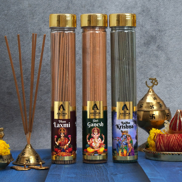 The Aroma Factory Laxmi,Shri Ganesh & Radha Krishna Agarbatti for Pooja,Luxury Incense Sticks,100% Herbal Fragrance Agarbathi (Bottle Pack of 3x100g)