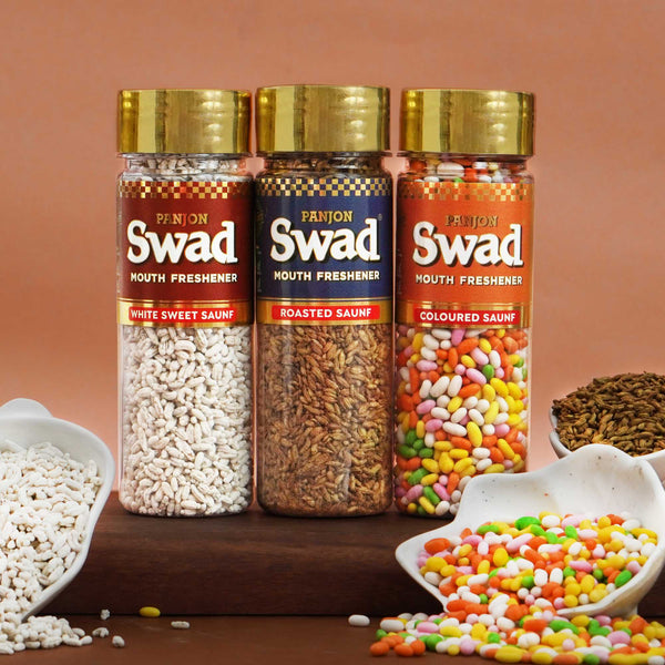 Panjon Swad White Sweet Saunf, Roasted Saunf & Coloured Saunf Fennel Mukhwas (Mouth Freshener Sale Offer) 3 Bottles, 360 grams