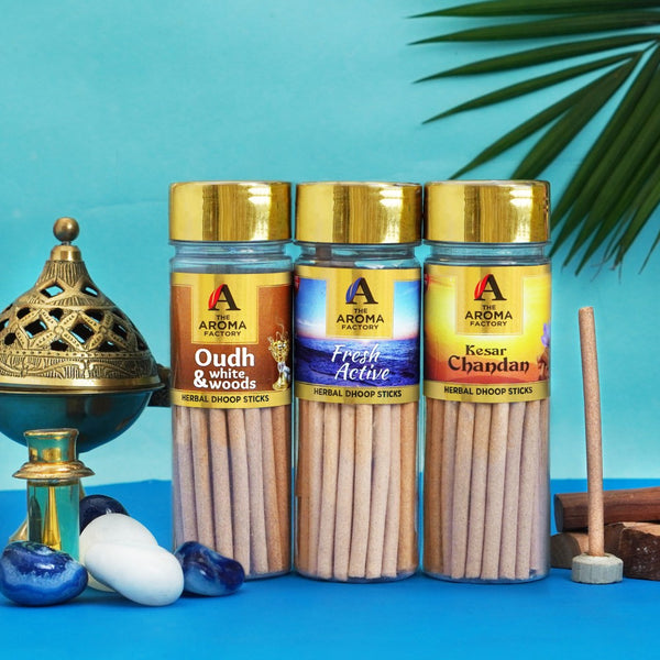 The Aroma Factory Dhoop batti, No Bamboo Herbal Dhoop Sticks with Incense Holder, 3 Bottle x 100 g (Oudh & White Woods, Fresh Active & Kesar Chandan)