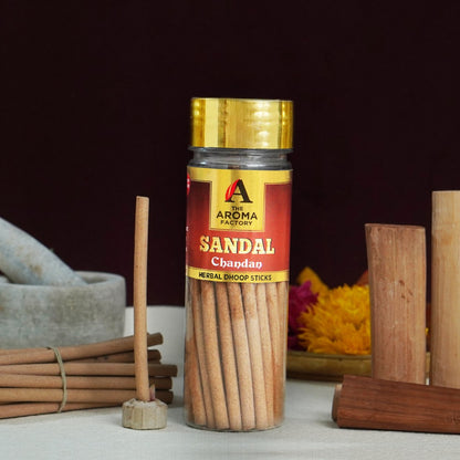 The Aroma Factory Sandalwood Chandan Dhoop Stick (0% Charcoal 0% Suphates) Herbal Incense Dhoopbatti Bottle Pack, 100g