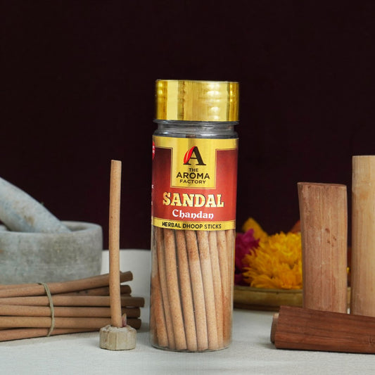 The Aroma Factory Sandalwood Chandan Dhoop Stick (0% Charcoal 0% Suphates) Herbal Incense Dhoopbatti Bottle Pack, 100g