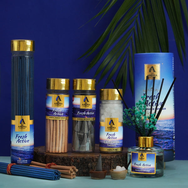 The Aroma Factory Fresh Active Sanctuary, Complete Fragrance Collection of Agarbatti, Dhoop Batti, Dhoop Cone, Camphor Tablet & Reed Diffuser, Combo of 5