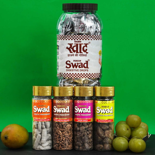 Swad Mukhwas & Candy Combo (Khatta Meetha Aam Papad,khatta Meetaha khajoor,Anar Amla,Chatpata Amla,Swad Digestive 200 Candies Jar) 5 Units