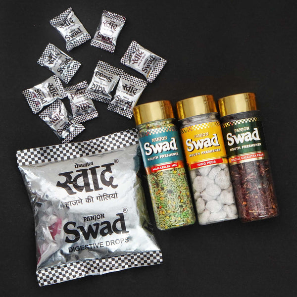 Swad Mukhwas & Candy Combo (Maharaja Mix ,Hing Peda,Calcutta Paan,25 Candies Pack)4 Units