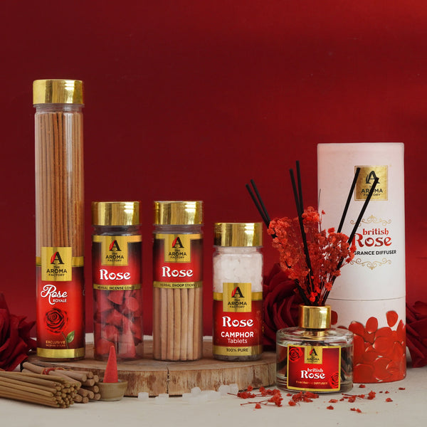 The Aroma Factory Blissful Rose, Complete Fragrance Collection of Agarbatti, Dhoop Batti, Dhoop Cone, Camphor Tablet & Reed Diffuser, Combo of 5