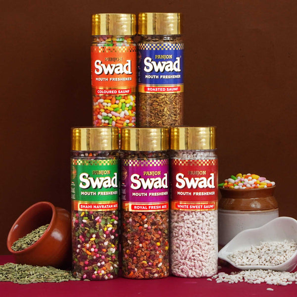 Panjon Swad Navratan Mix Mukhwas,Royal Fresh Mix,White Sweet Saunf,Coloured Saunf, Roasted Saunf,Mouth Freshener, 5 Bottle, 500g